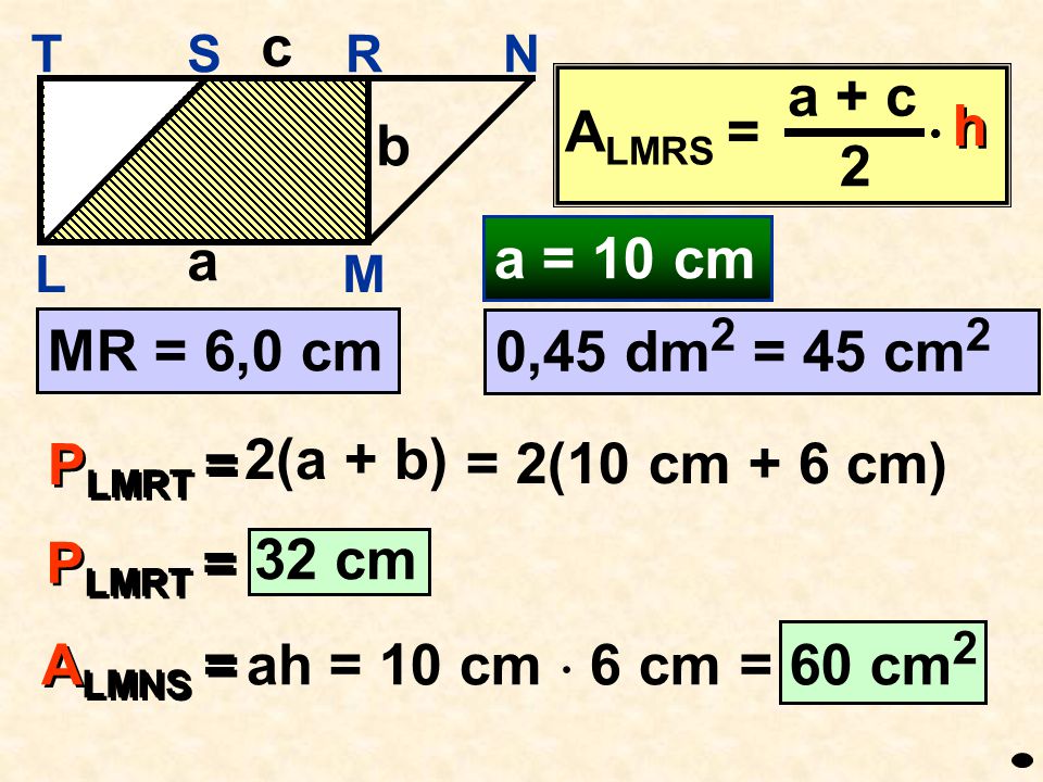 c ALMRS = a + c 2 h b a a = 10 cm MR = 6,0 cm 0,45 dm2 = 45 cm2