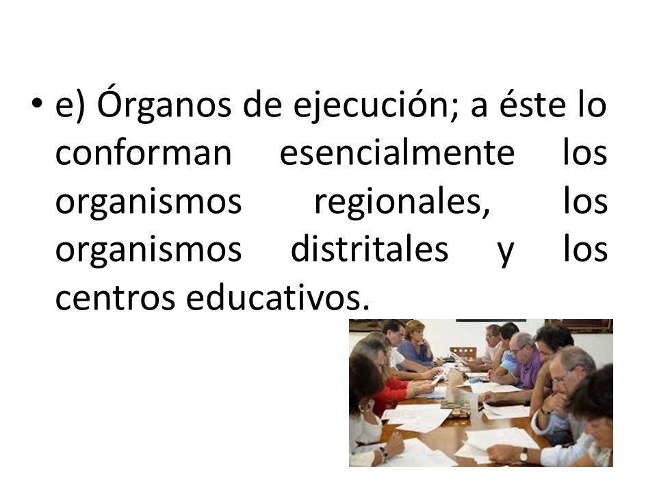 e) Órganos de ejecución; a éste lo conforman esencialmente los organismos regionales, los organismos distritales y los centros educativos.