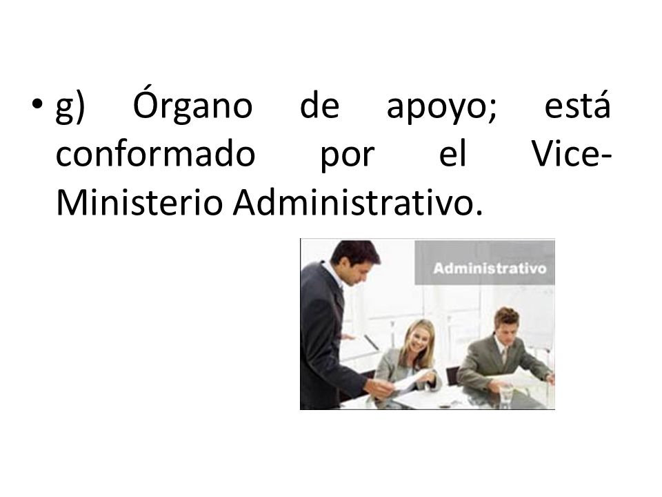 g) Órgano de apoyo; está conformado por el Vice-Ministerio Administrativo.