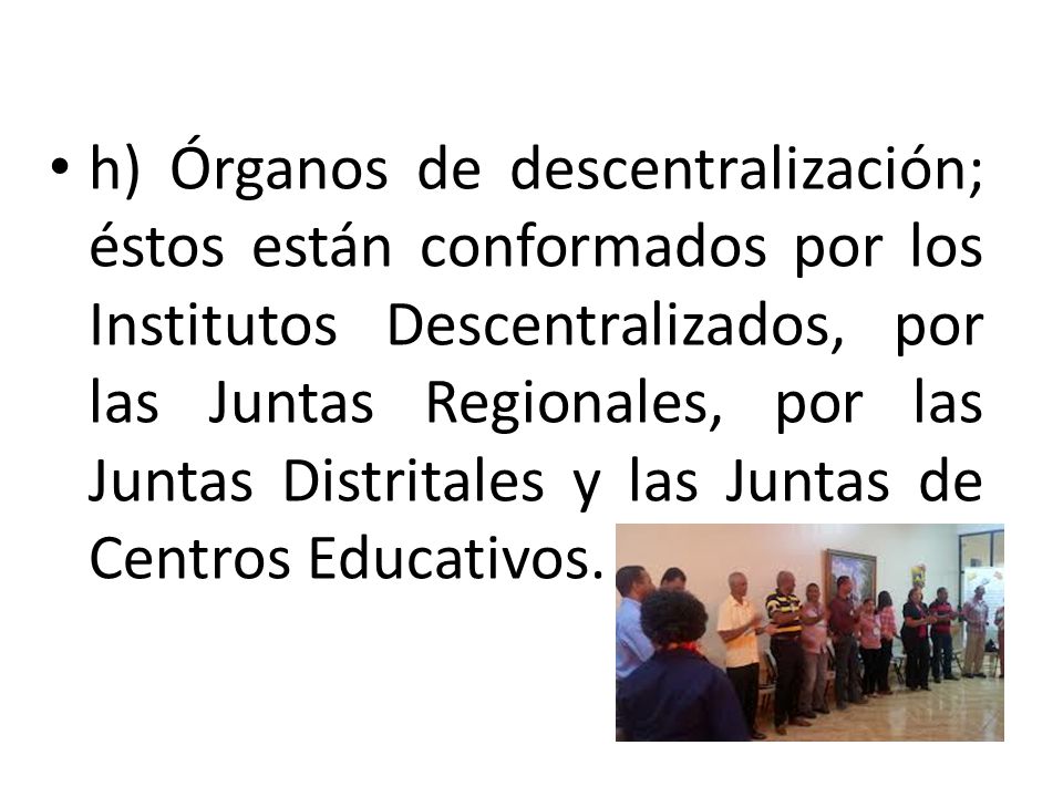 h) Órganos de descentralización; éstos están conformados por los Institutos Descentralizados, por las Juntas Regionales, por las Juntas Distritales y las Juntas de Centros Educativos.