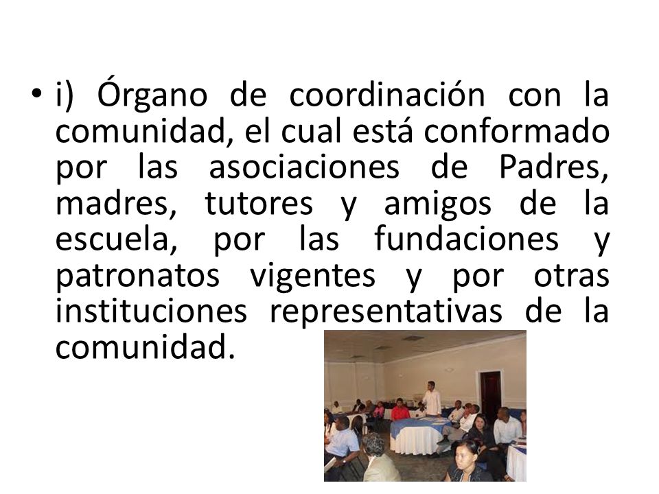 i) Órgano de coordinación con la comunidad, el cual está conformado por las asociaciones de Padres, madres, tutores y amigos de la escuela, por las fundaciones y patronatos vigentes y por otras instituciones representativas de la comunidad.