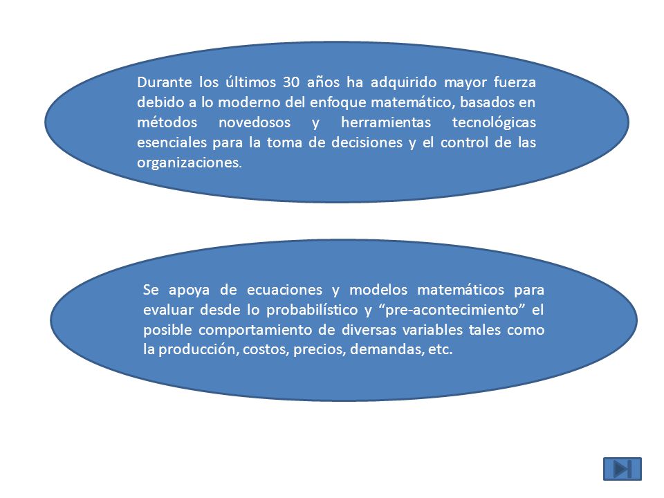 Durante los últimos 30 años ha adquirido mayor fuerza debido a lo moderno del enfoque matemático, basados en métodos novedosos y herramientas tecnológicas esenciales para la toma de decisiones y el control de las organizaciones.
