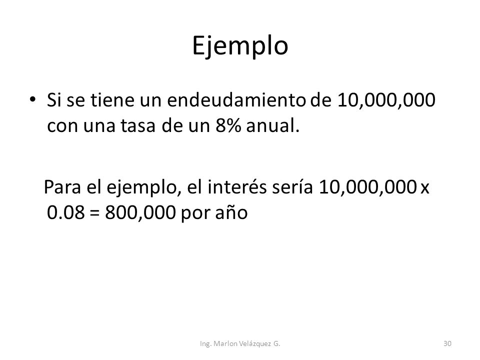 Ejemplo Si se tiene un endeudamiento de 10,000,000 con una tasa de un 8% anual.