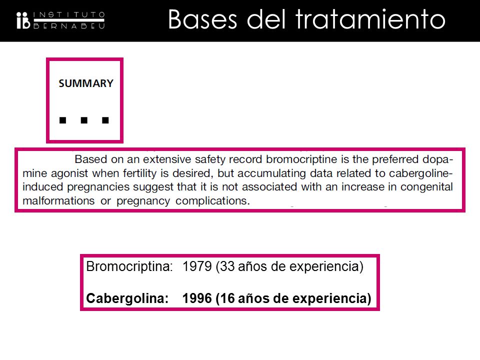… Bases del tratamiento Bromocriptina: 1979 (33 años de experiencia)