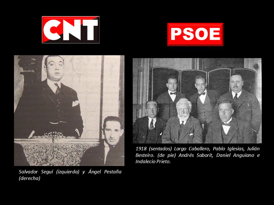 PSOE 1918 (sentados) Largo Caballero, Pablo Iglesias, Julián Besteiro. (de pie) Andrés Saborit, Daniel Anguiano e Indalecio Prieto.