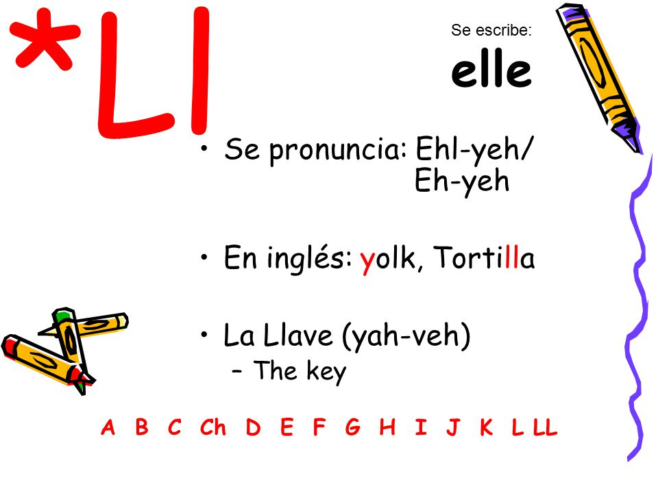 *Ll Se pronuncia: Ehl-yeh/ Eh-yeh En inglés: yolk, Tortilla