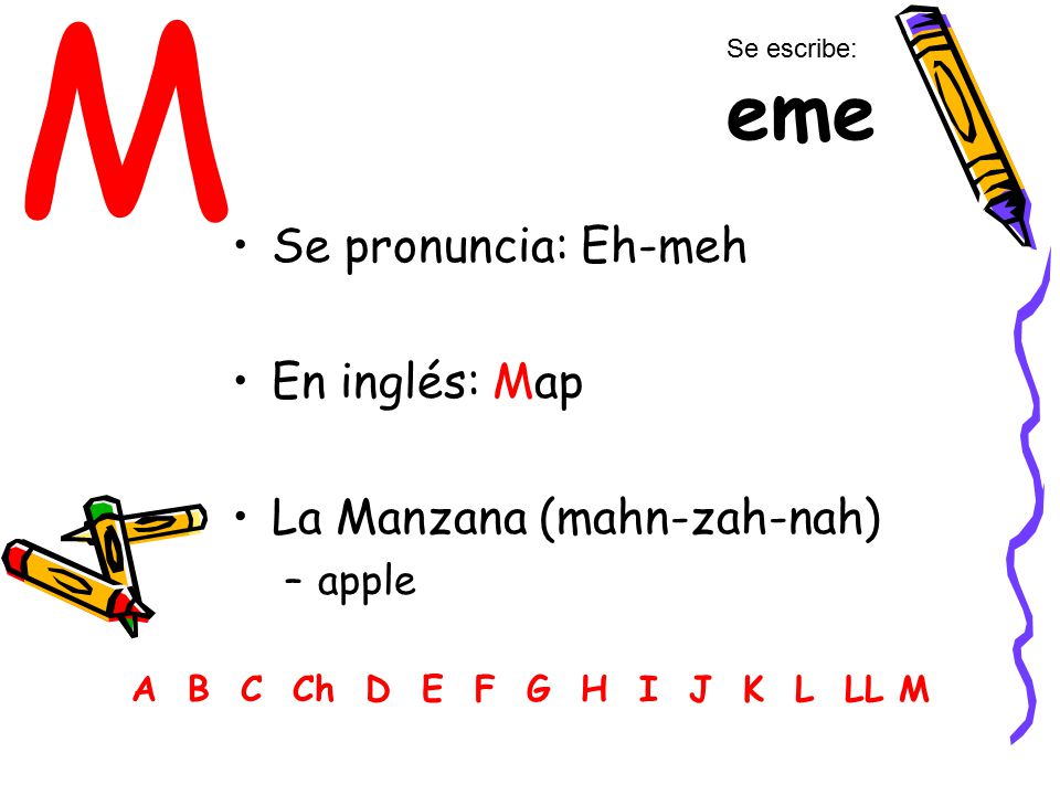 M Se pronuncia: Eh-meh En inglés: Map La Manzana (mahn-zah-nah) apple