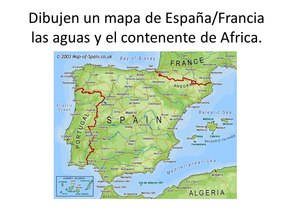 Dibujen un mapa de España/Francia las aguas y el contenente de Africa.