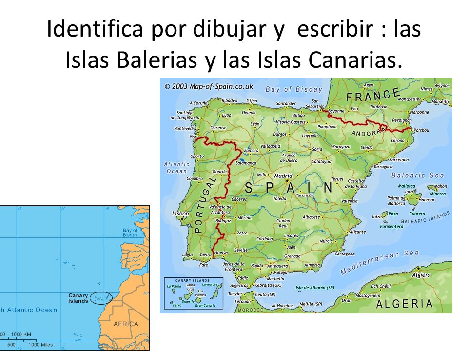 Identifica por dibujar y escribir : las Islas Balerias y las Islas Canarias.
