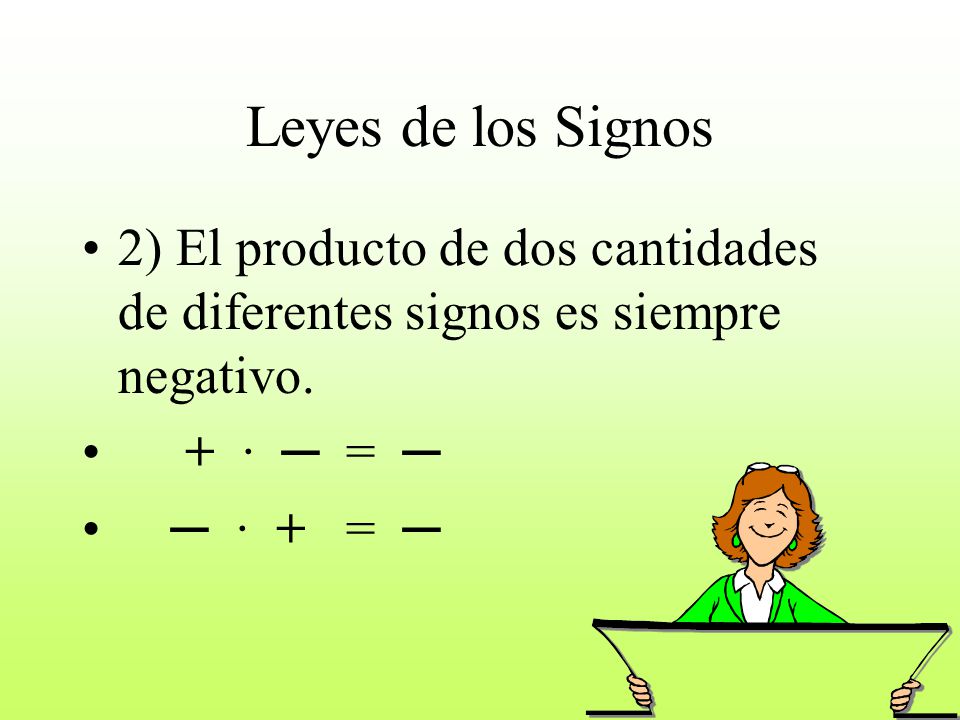Leyes de los Signos 2) El producto de dos cantidades de diferentes signos es siempre negativo. + ∙ ─ = ─