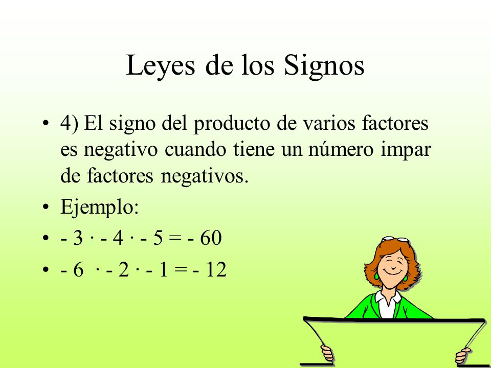 Leyes de los Signos 4) El signo del producto de varios factores es negativo cuando tiene un número impar de factores negativos.