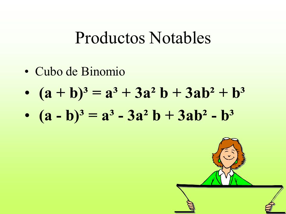 Productos Notables (a + b)³ = a³ + 3a² b + 3ab² + b³
