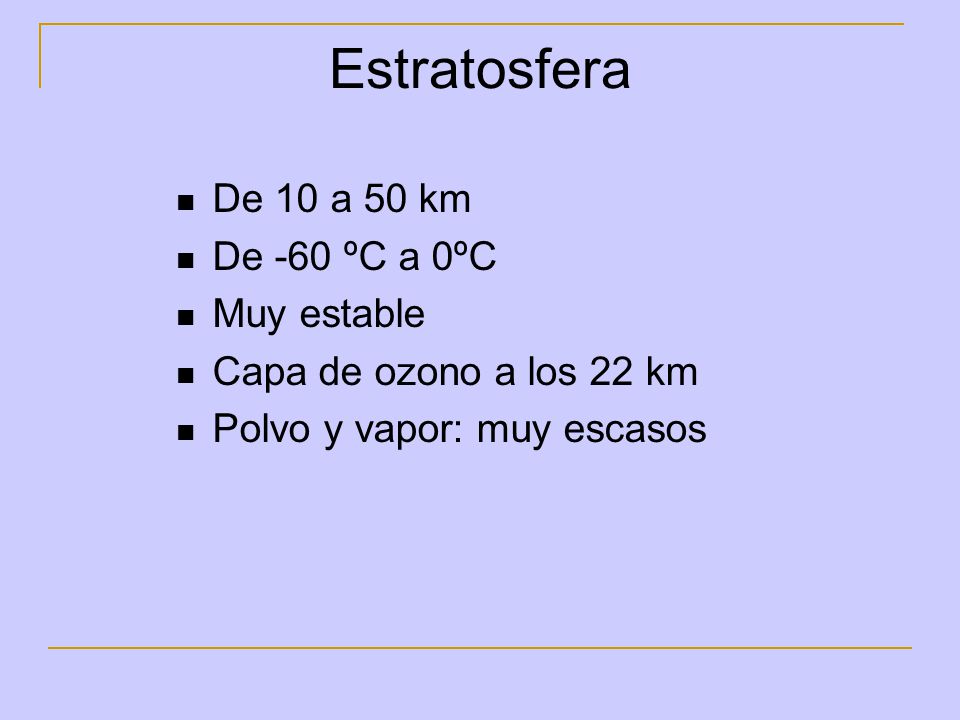 Estratosfera De 10 a 50 km De -60 ºC a 0ºC Muy estable