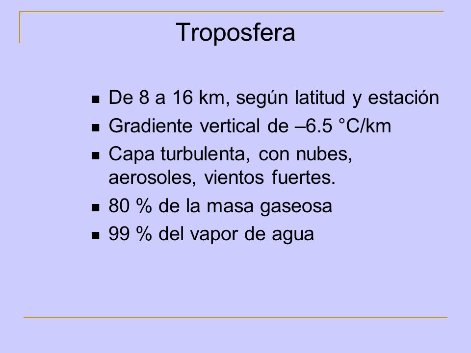 Troposfera De 8 a 16 km, según latitud y estación