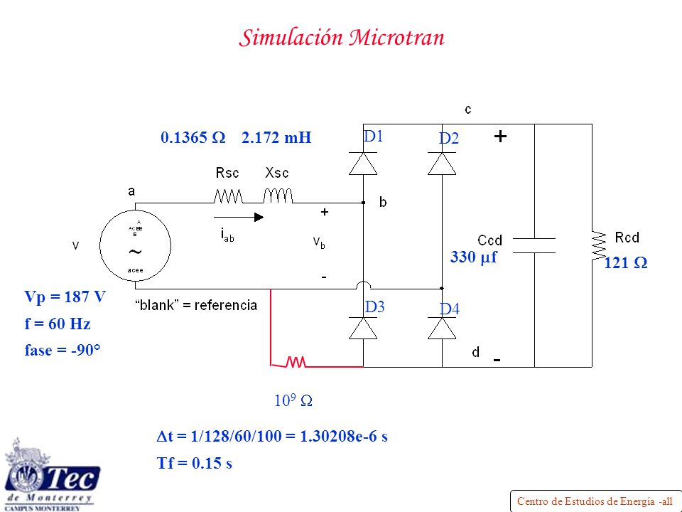 Simulación Microtran W mH D1 D2 330 mf 121 W Vp = 187 V