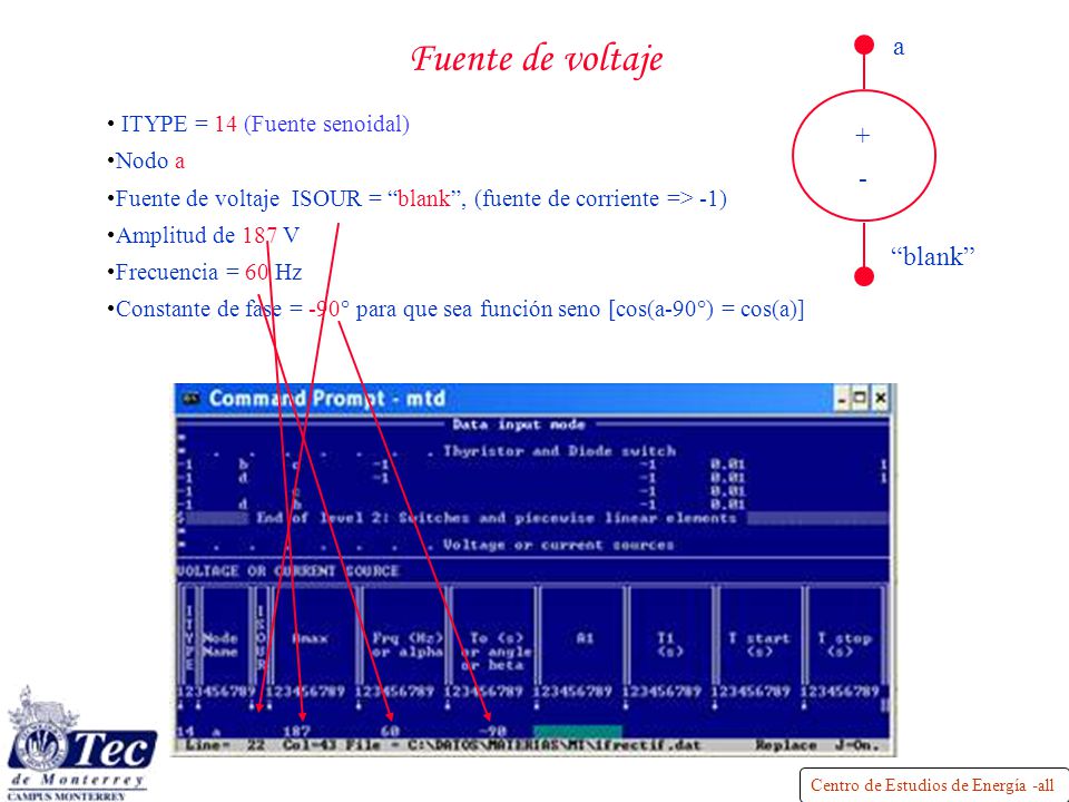 Fuente de voltaje a + - blank ITYPE = 14 (Fuente senoidal) Nodo a