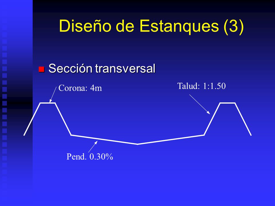 Diseño de Estanques (3) Sección transversal Talud: 1:1.50 Corona: 4m