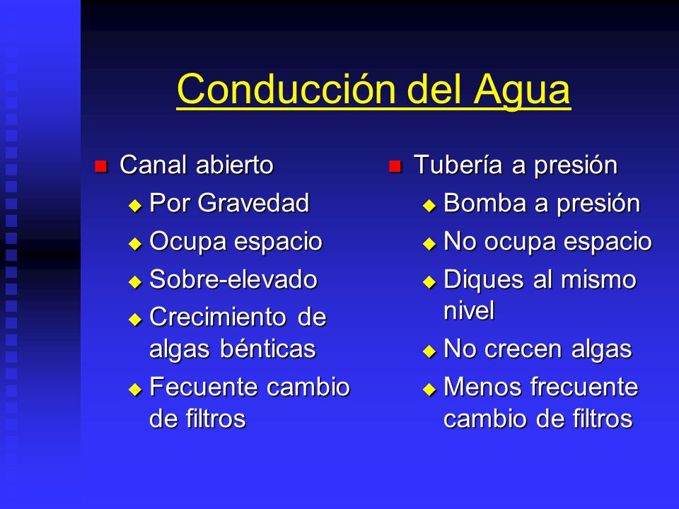 Conducción del Agua Canal abierto Por Gravedad Ocupa espacio