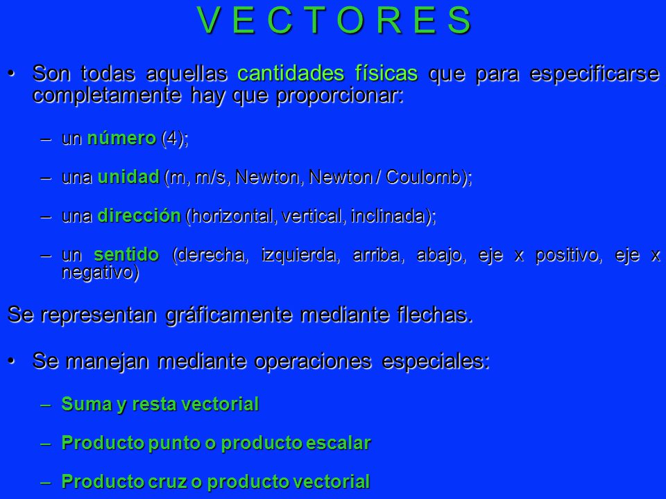 V E C T O R E S Son todas aquellas cantidades físicas que para especificarse completamente hay que proporcionar: