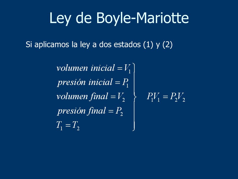 Ley de Boyle-Mariotte Si aplicamos la ley a dos estados (1) y (2)