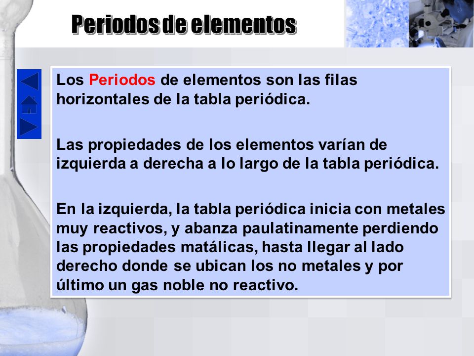 Periodos de elementos Los Periodos de elementos son las filas horizontales de la tabla periódica.