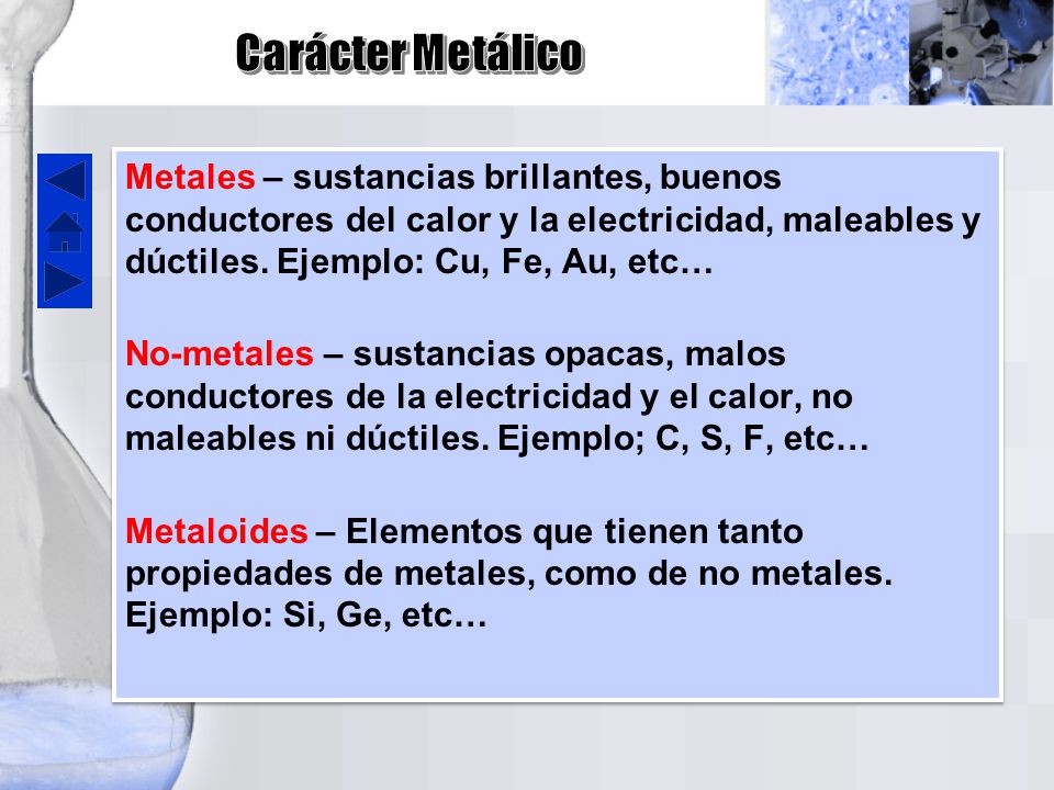 Carácter Metálico Metales – sustancias brillantes, buenos conductores del calor y la electricidad, maleables y dúctiles. Ejemplo: Cu, Fe, Au, etc…