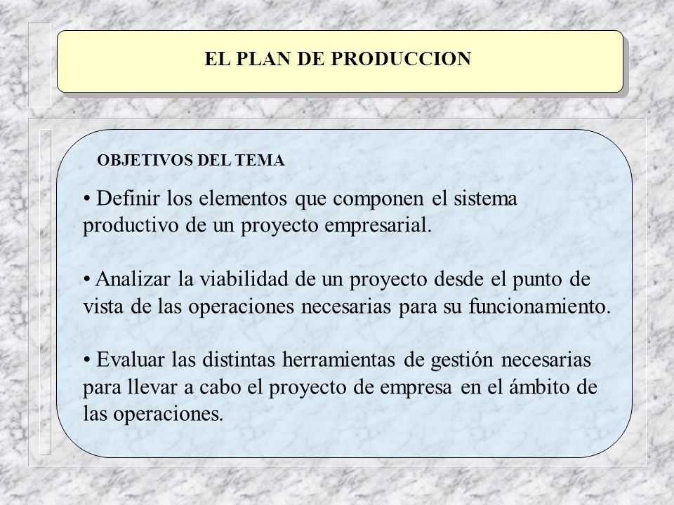 EL PLAN DE PRODUCCION OBJETIVOS DEL TEMA. Definir los elementos que componen el sistema productivo de un proyecto empresarial.