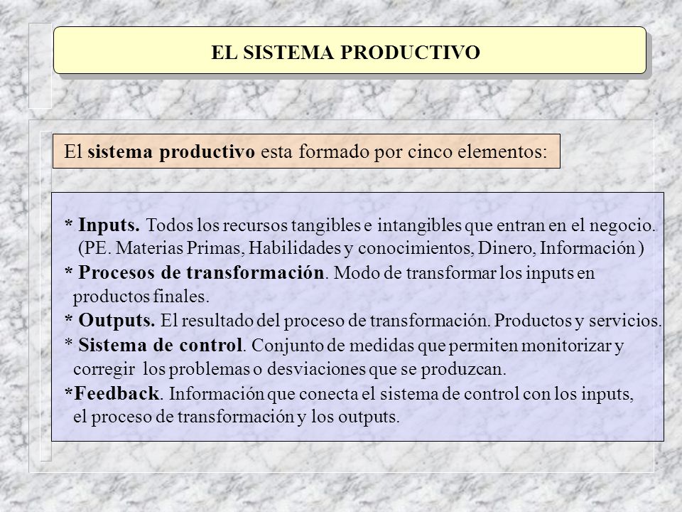 El sistema productivo esta formado por cinco elementos: