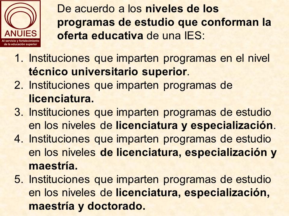 De acuerdo a los niveles de los programas de estudio que conforman la oferta educativa de una IES: