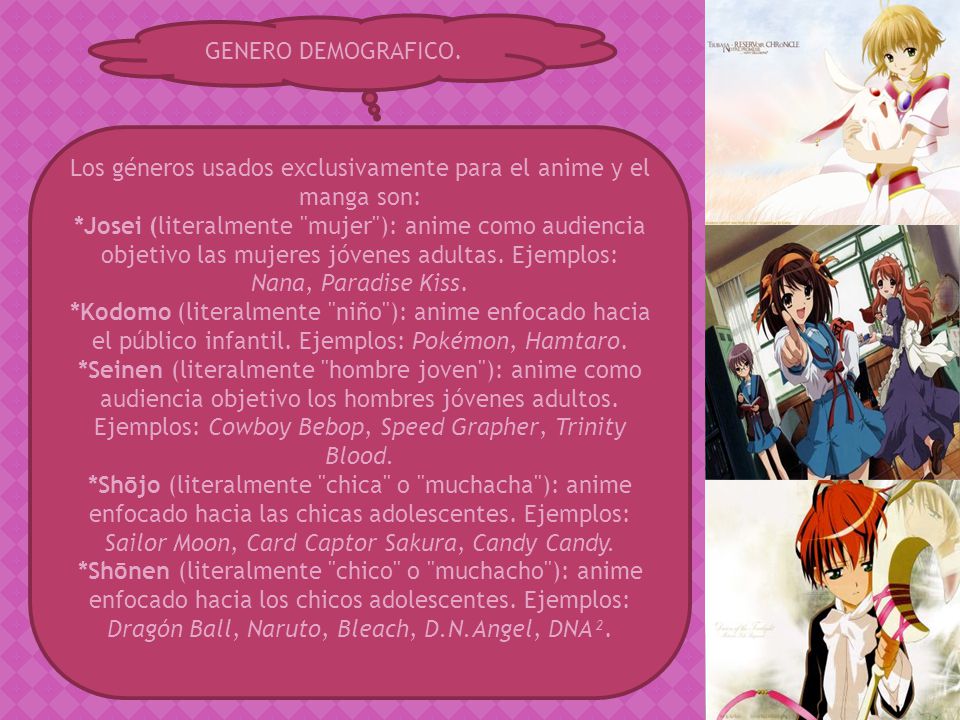 Los géneros usados exclusivamente para el anime y el manga son: