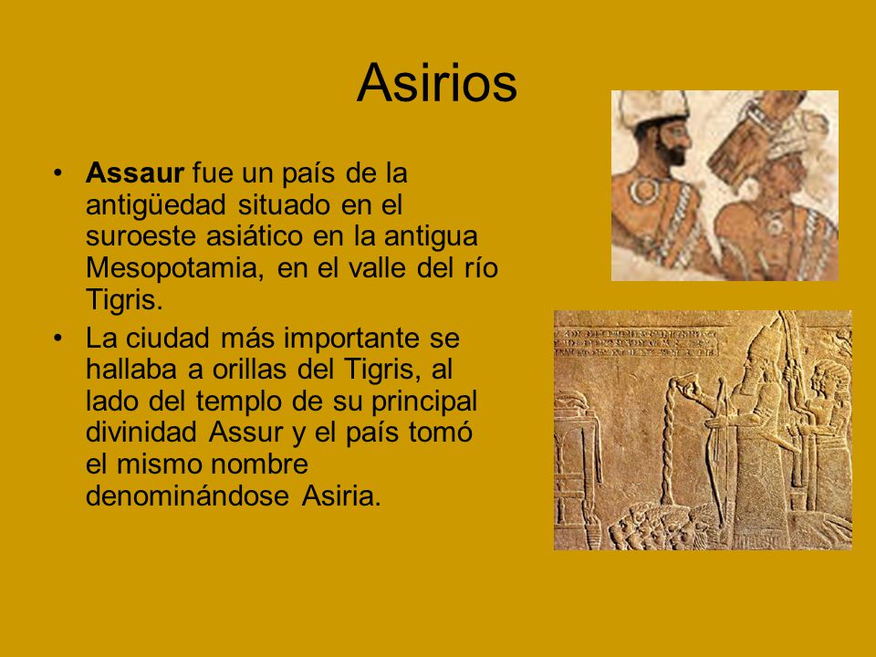 Asirios Assaur fue un país de la antigüedad situado en el suroeste asiático en la antigua Mesopotamia, en el valle del río Tigris.