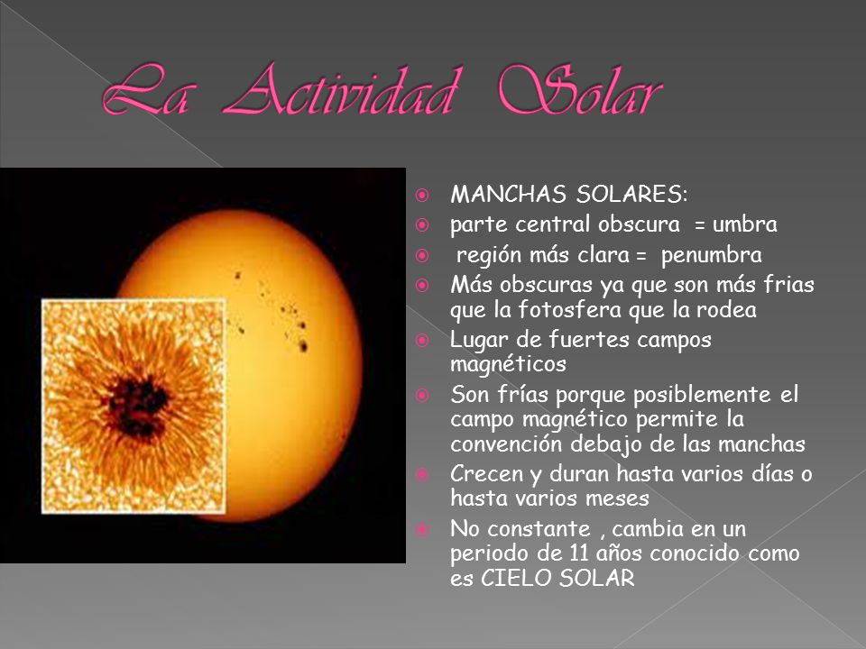 La Actividad Solar MANCHAS SOLARES: parte central obscura = umbra