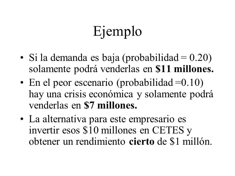Ejemplo Si la demanda es baja (probabilidad = 0.20) solamente podrá venderlas en $11 millones.