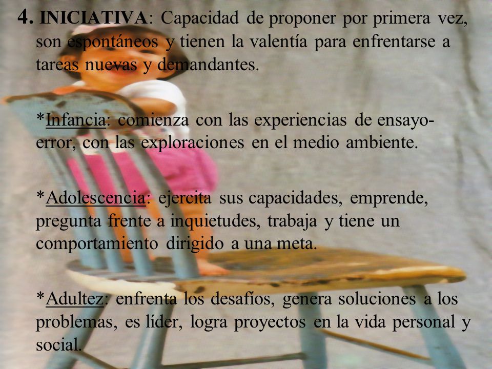4. INICIATIVA: Capacidad de proponer por primera vez, son espontáneos y tienen la valentía para enfrentarse a tareas nuevas y demandantes.