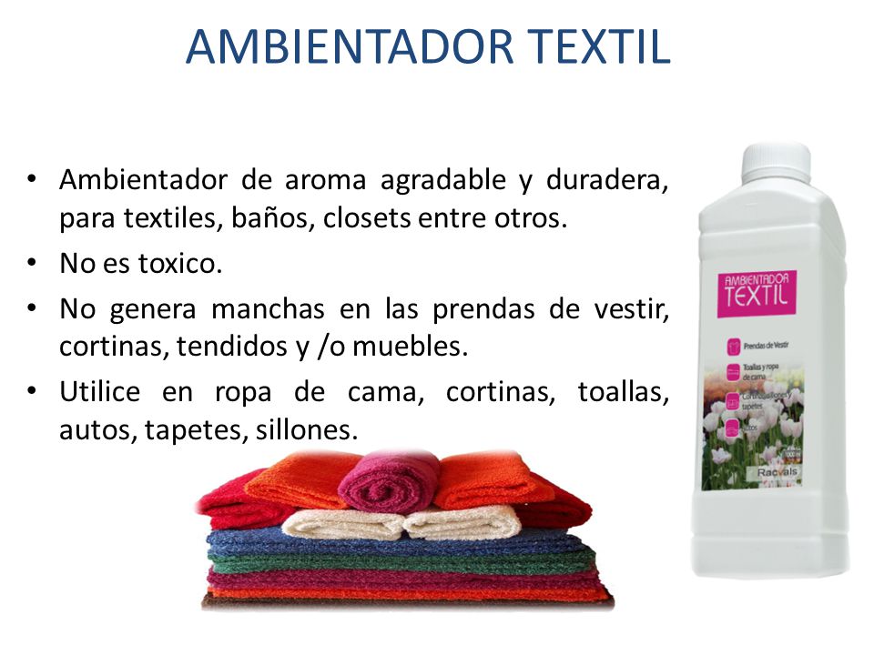 AMBIENTADOR TEXTIL Ambientador de aroma agradable y duradera, para textiles, baños, closets entre otros.