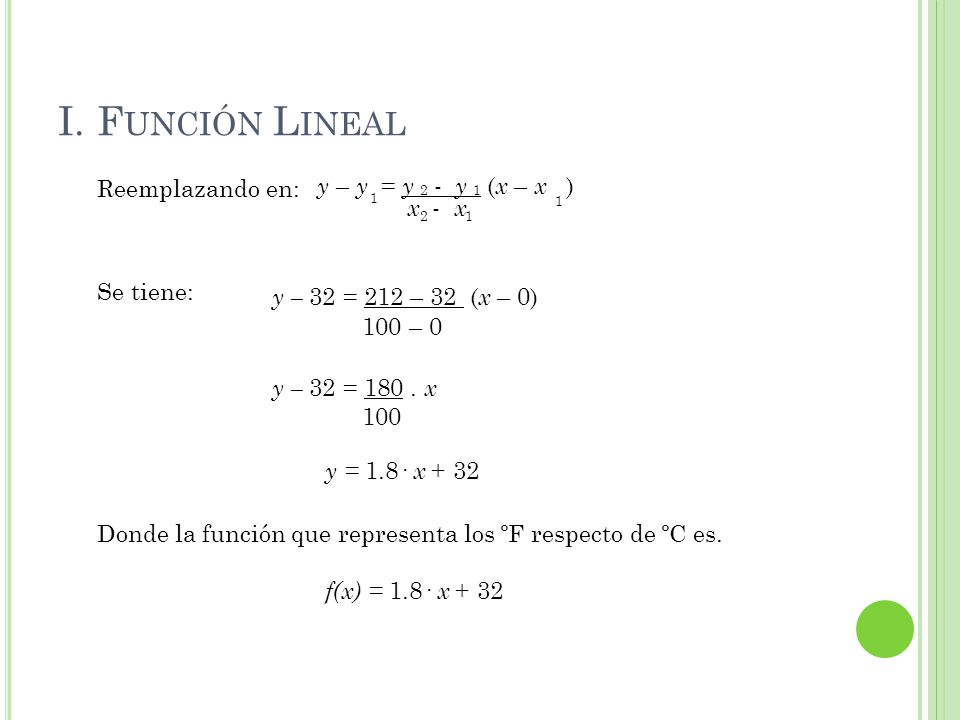 I. Función Lineal y – y = y - y (x – x )