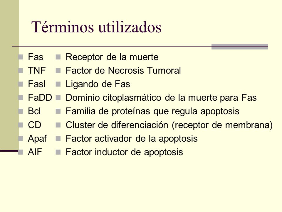 Términos utilizados Fas TNF Fasl FaDD Bcl CD Apaf AIF