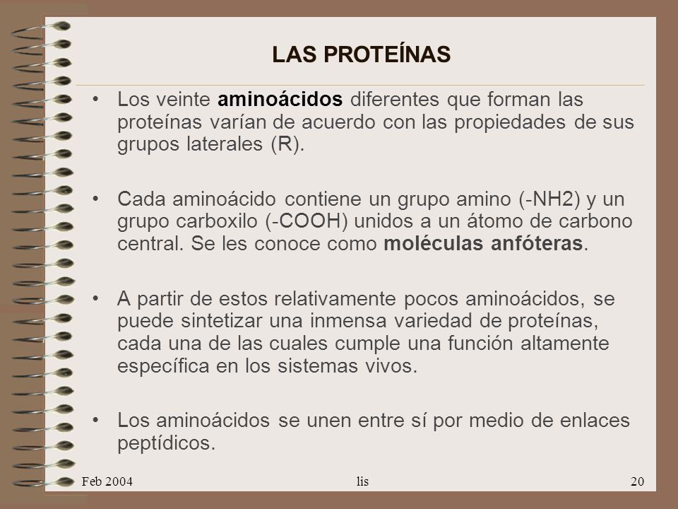 LAS PROTEÍNAS Los veinte aminoácidos diferentes que forman las proteínas varían de acuerdo con las propiedades de sus grupos laterales (R).