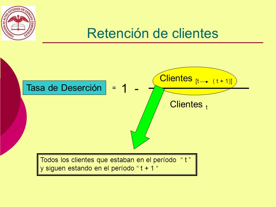 Retención de clientes 1 - Clientes [t ( t + 1)] Tasa de Deserción