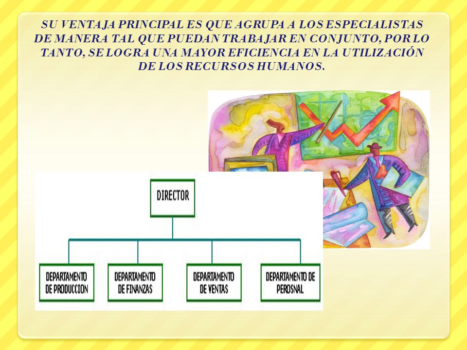 SU VENTAJA PRINCIPAL ES QUE AGRUPA A LOS ESPECIALISTAS DE MANERA TAL QUE PUEDAN TRABAJAR EN CONJUNTO, POR LO TANTO, SE LOGRA UNA MAYOR EFICIENCIA EN LA UTILIZACIÓN DE LOS RECURSOS HUMANOS.