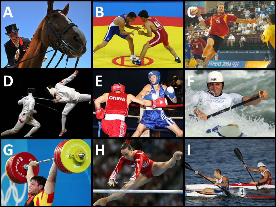 A B. C. D. E. F. G. H. I. A – la equitación B – la lucha C – el balonmano D – la esgrima E – el boxeo F – el piragüismo.