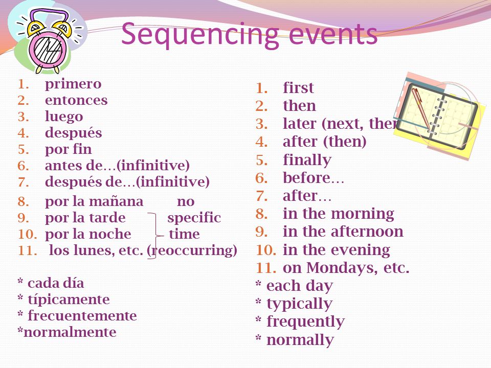 Sequencing events first then later (next, then) after (then) finally