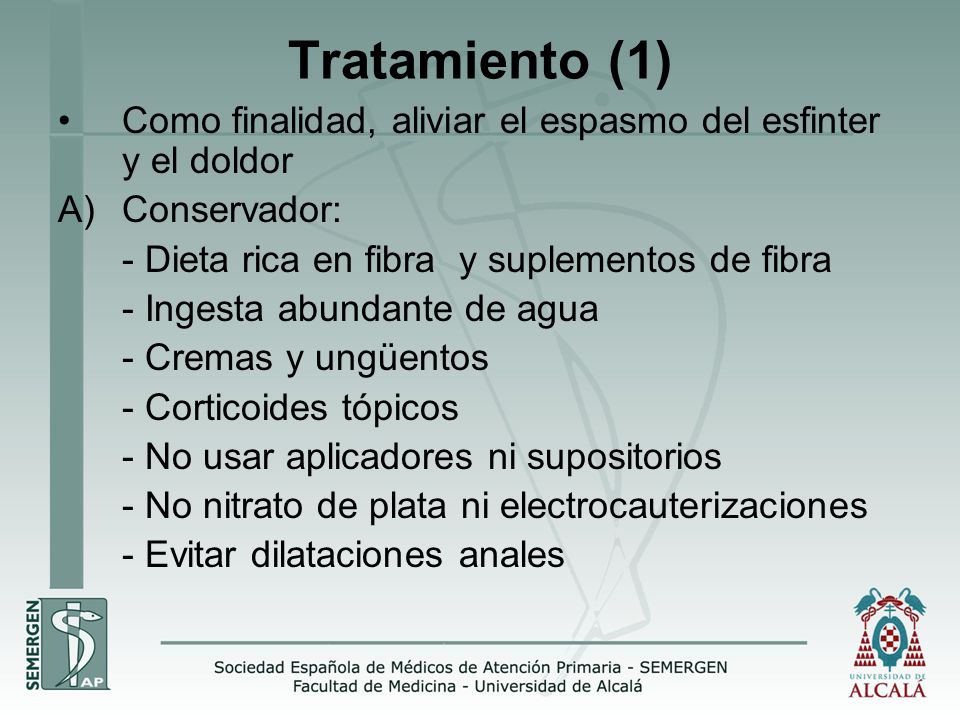 Tratamiento (1) Como finalidad, aliviar el espasmo del esfinter y el doldor. Conservador: - Dieta rica en fibra y suplementos de fibra.