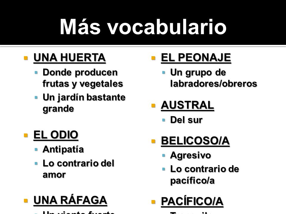 Más vocabulario UNA HUERTA EL ODIO UNA RÁFAGA EL PEONAJE AUSTRAL