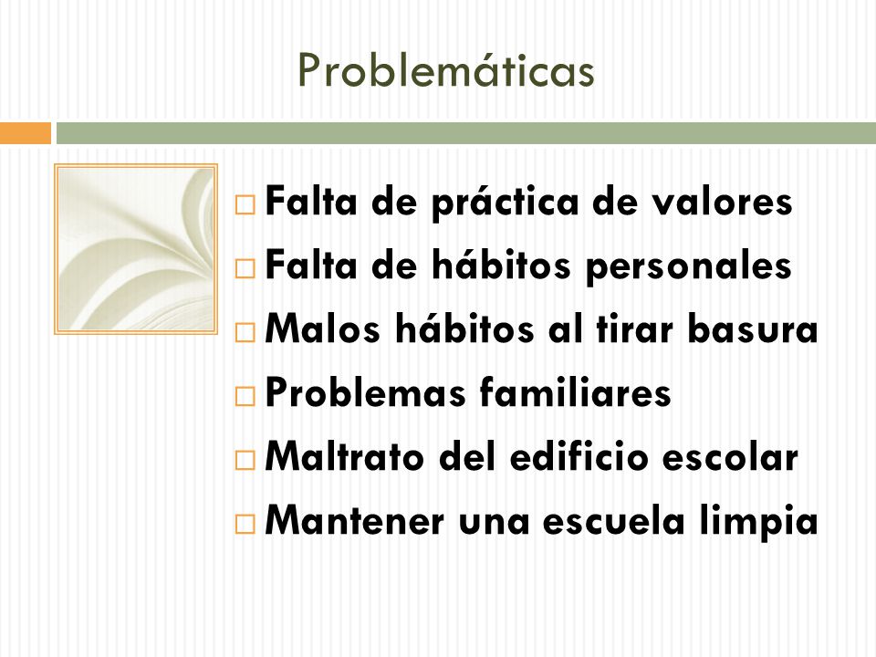 Problemáticas Falta de práctica de valores Falta de hábitos personales