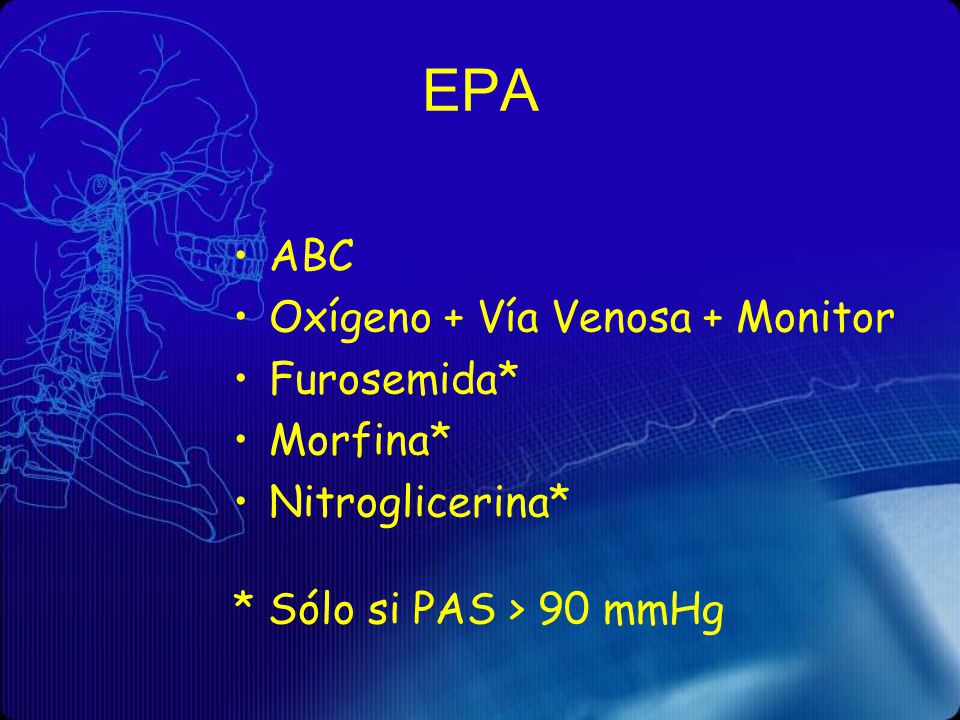 EPA ABC Oxígeno + Vía Venosa + Monitor Furosemida* Morfina*