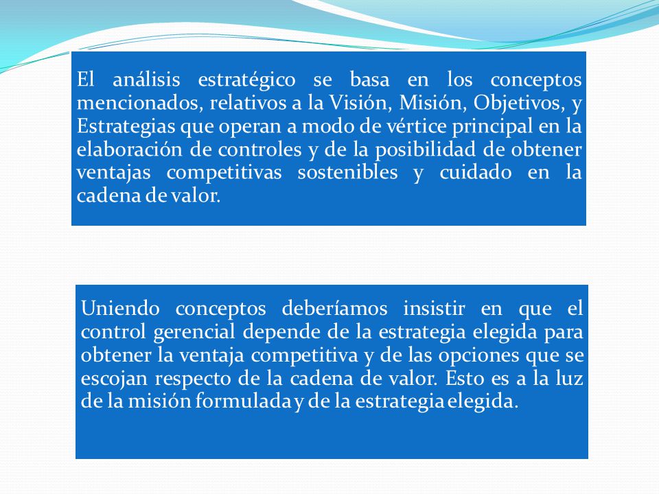 El análisis estratégico se basa en los conceptos mencionados, relativos a la Visión, Misión, Objetivos, y Estrategias que operan a modo de vértice principal en la elaboración de controles y de la posibilidad de obtener ventajas competitivas sostenibles y cuidado en la cadena de valor.