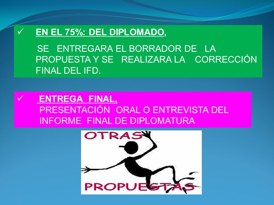 EN EL 75%: DEL DIPLOMADO, SE ENTREGARA EL BORRADOR DE LA PROPUESTA Y SE REALIZARA LA CORRECCIÓN FINAL DEL IFD.