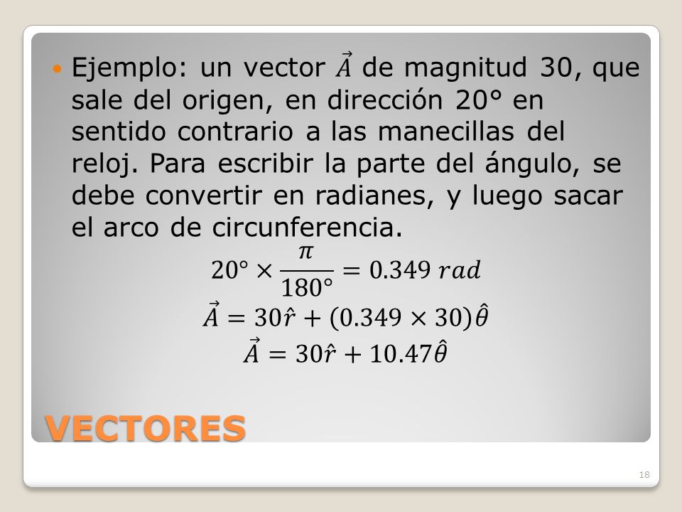 Ejemplo: un vector 𝐴 de magnitud 30, que sale del origen, en dirección 20° en sentido contrario a las manecillas del reloj. Para escribir la parte del ángulo, se debe convertir en radianes, y luego sacar el arco de circunferencia.