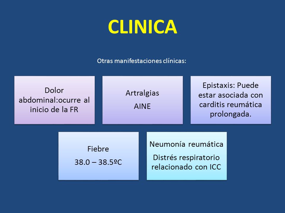 CLINICA Otras manifestaciones clínicas: Dolor abdominal:ocurre al inicio de la FR. Artralgias. AINE.